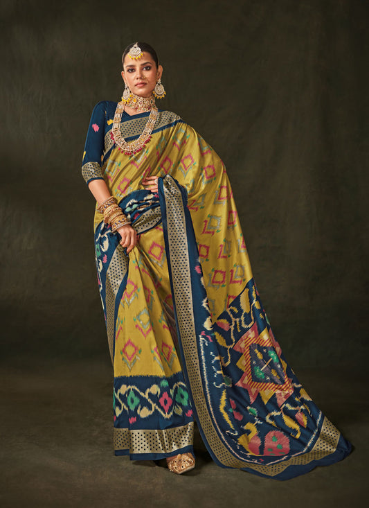 Dusty Yellow Silk Saree with Foil Work