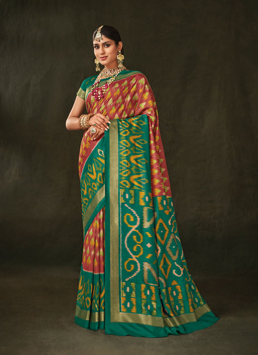 Rust and Rama Green Silk Saree with Foil Work