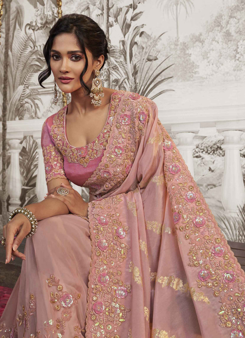 Carnation Pink Viscose Jacquard Embroidered Designer Saree