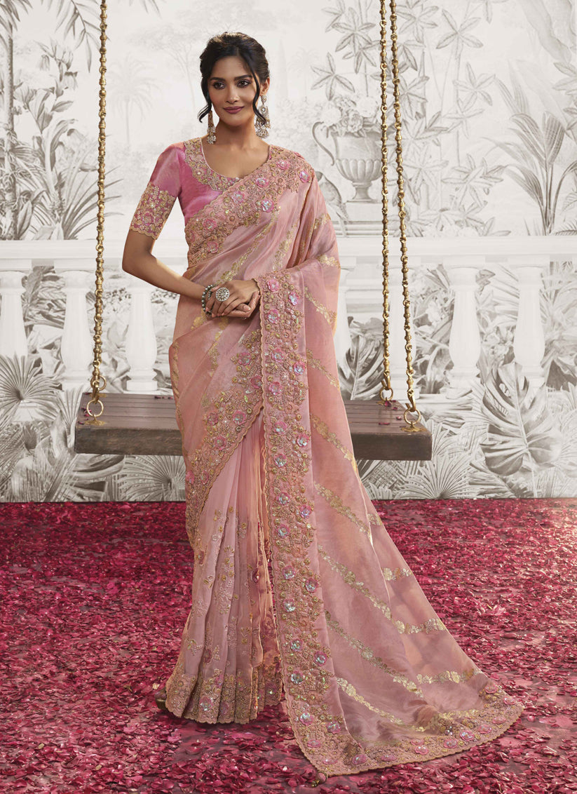 Carnation Pink Viscose Jacquard Embroidered Designer Saree