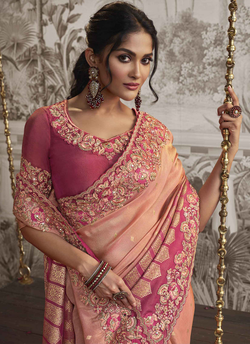 Coral Pink and Cherry Pink Viscose Jacquard Embroidered Designer Saree