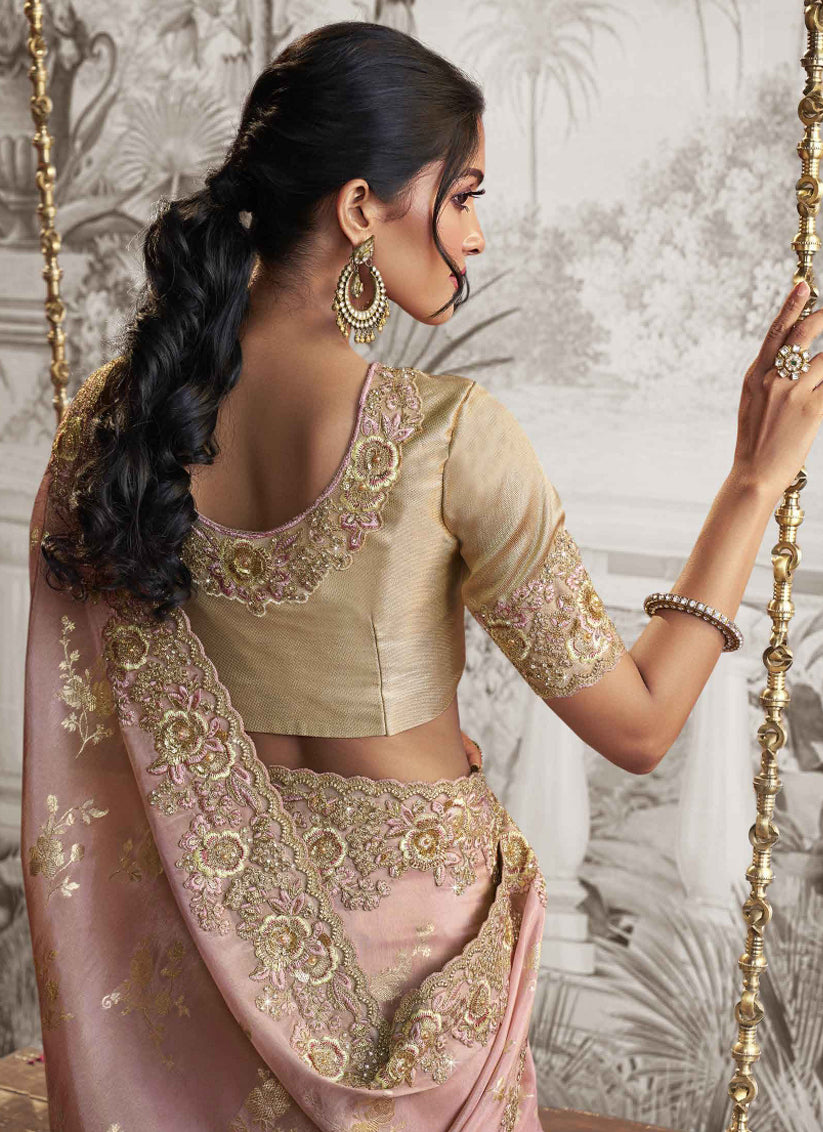 Blush Pink Viscose Jacquard Embroidered Designer Saree