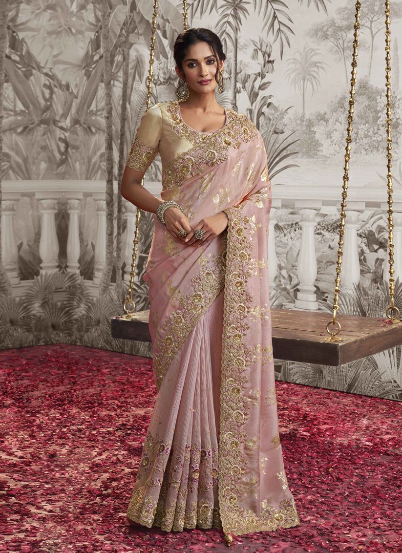 Blush Pink Viscose Jacquard Embroidered Designer Saree