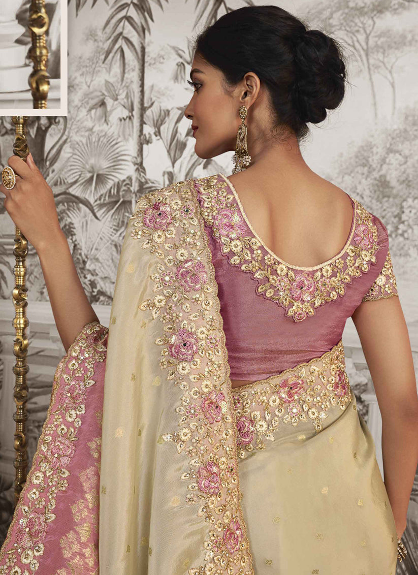 Off White and Pink Viscose Jacquard Embroidered Designer Saree