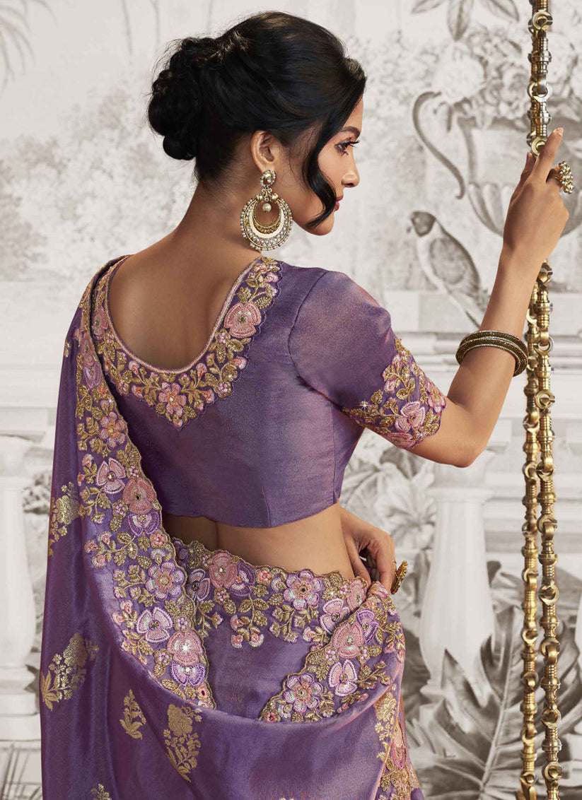 Purple Viscose Jacquard Embroidered Designer Saree