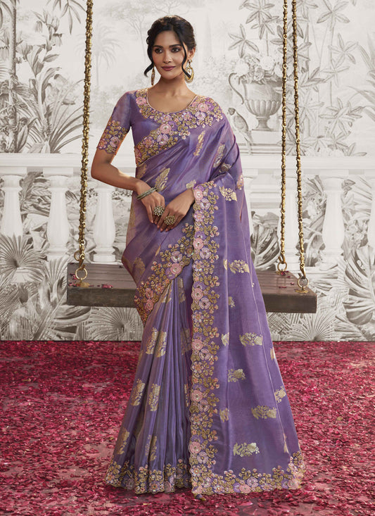 Purple Viscose Jacquard Embroidered Designer Saree