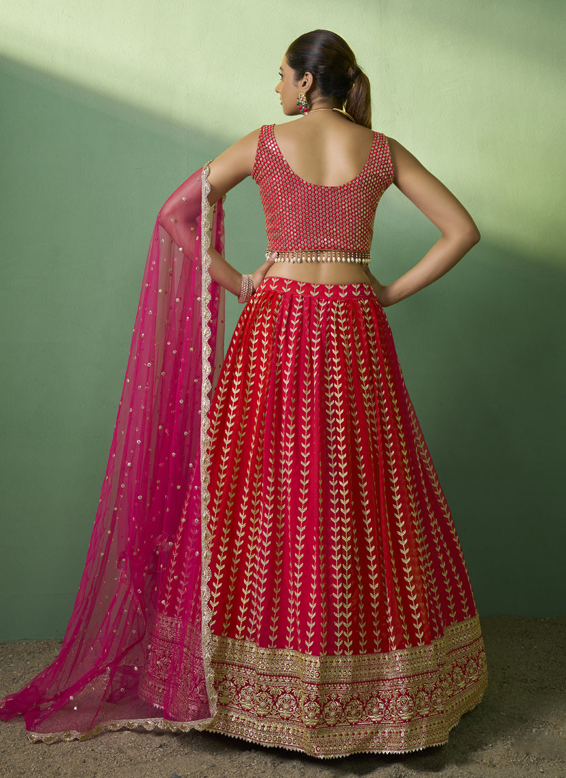 Red Georgette Embroidered Lehenga Choli