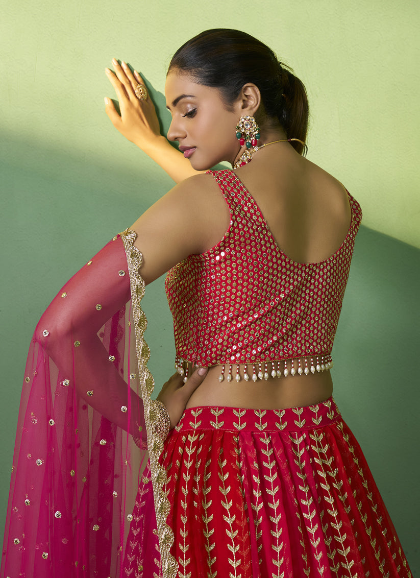 Red Georgette Embroidered Lehenga Choli