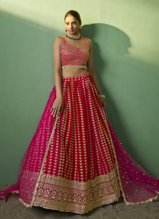 Red Georgette Embroidered Lehenga Choli