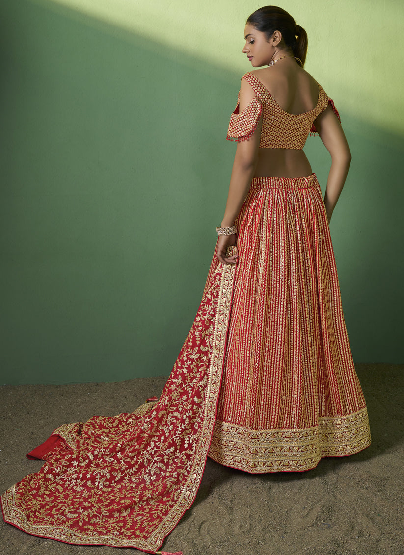 Red Georgette Embroidered Lehenga Choli