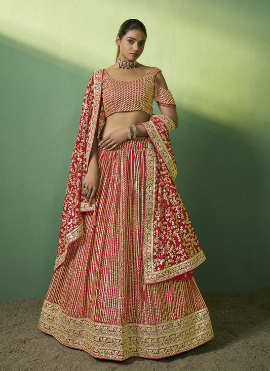 Red Georgette Embroidered Lehenga Choli