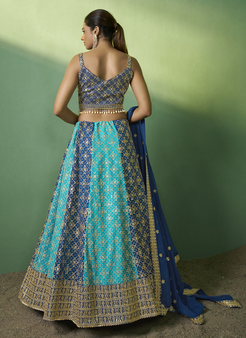 Sky Blue and Royal Blue Georgette Embroidered Lehenga Choli