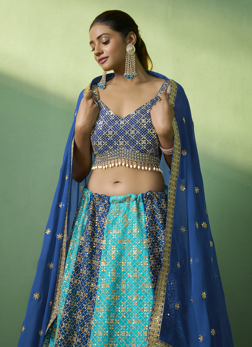 Sky Blue and Royal Blue Georgette Embroidered Lehenga Choli