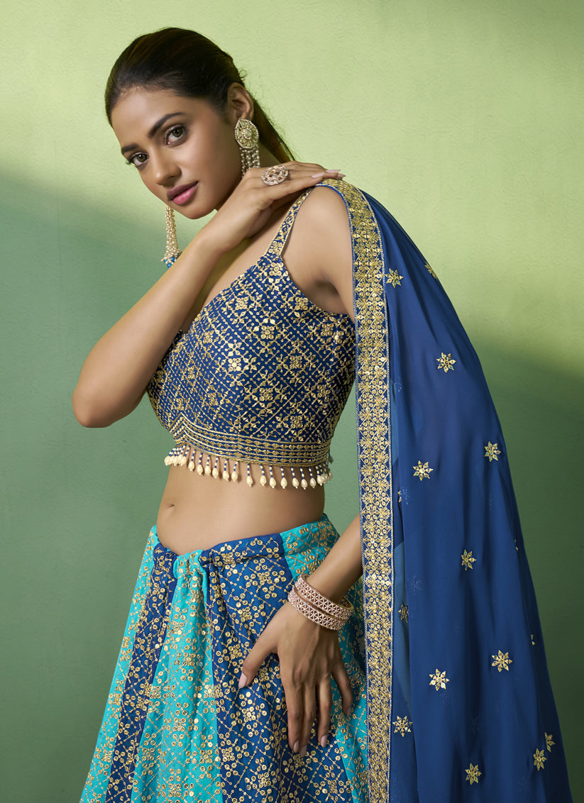 Sky Blue and Royal Blue Georgette Embroidered Lehenga Choli