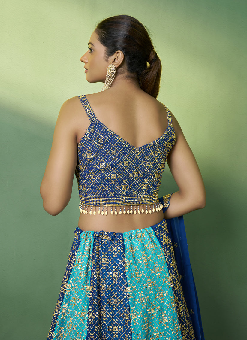 Sky Blue and Royal Blue Georgette Embroidered Lehenga Choli