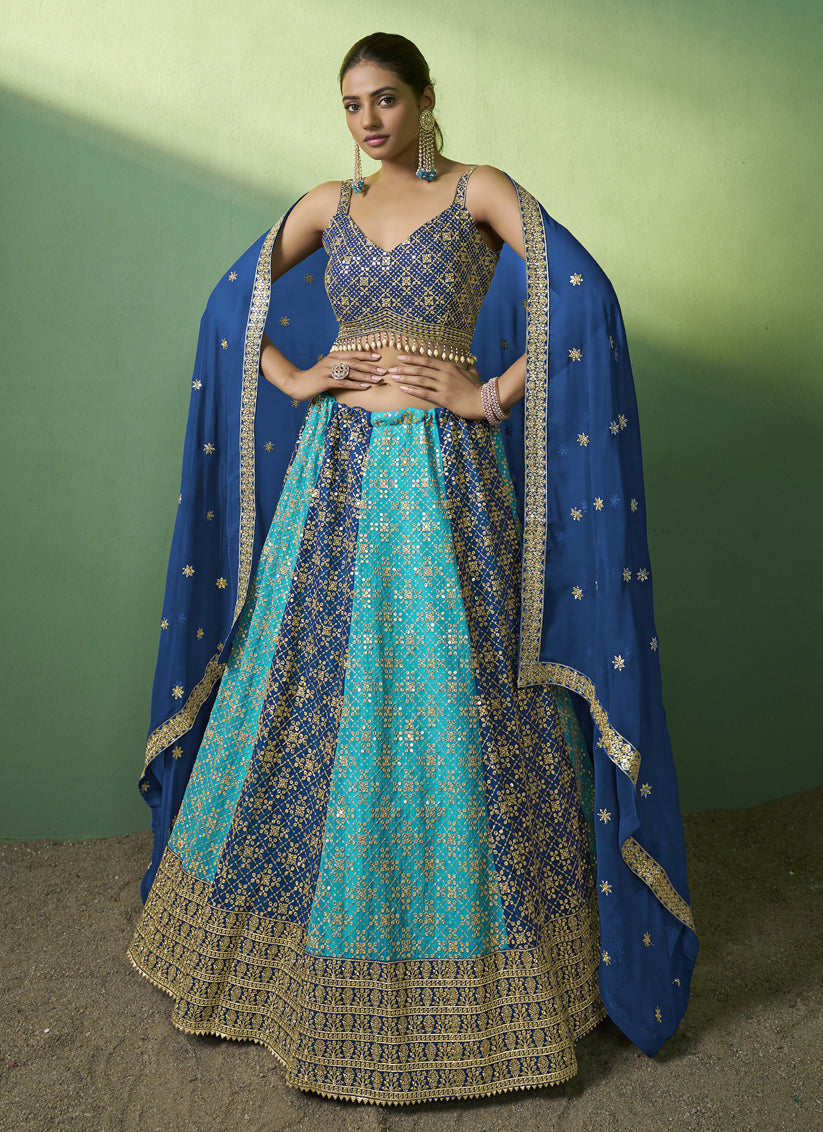 Sky Blue and Royal Blue Georgette Embroidered Lehenga Choli