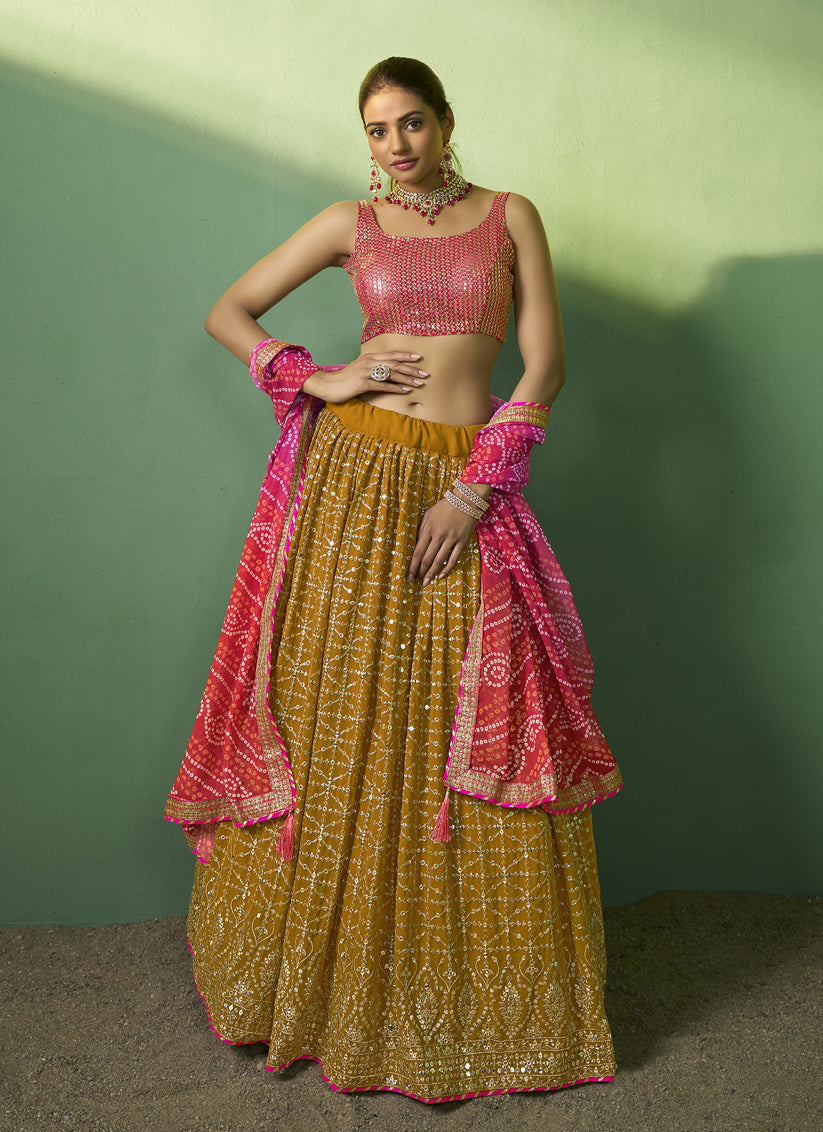 Mustard Georgette Embroidered Lehenga Choli