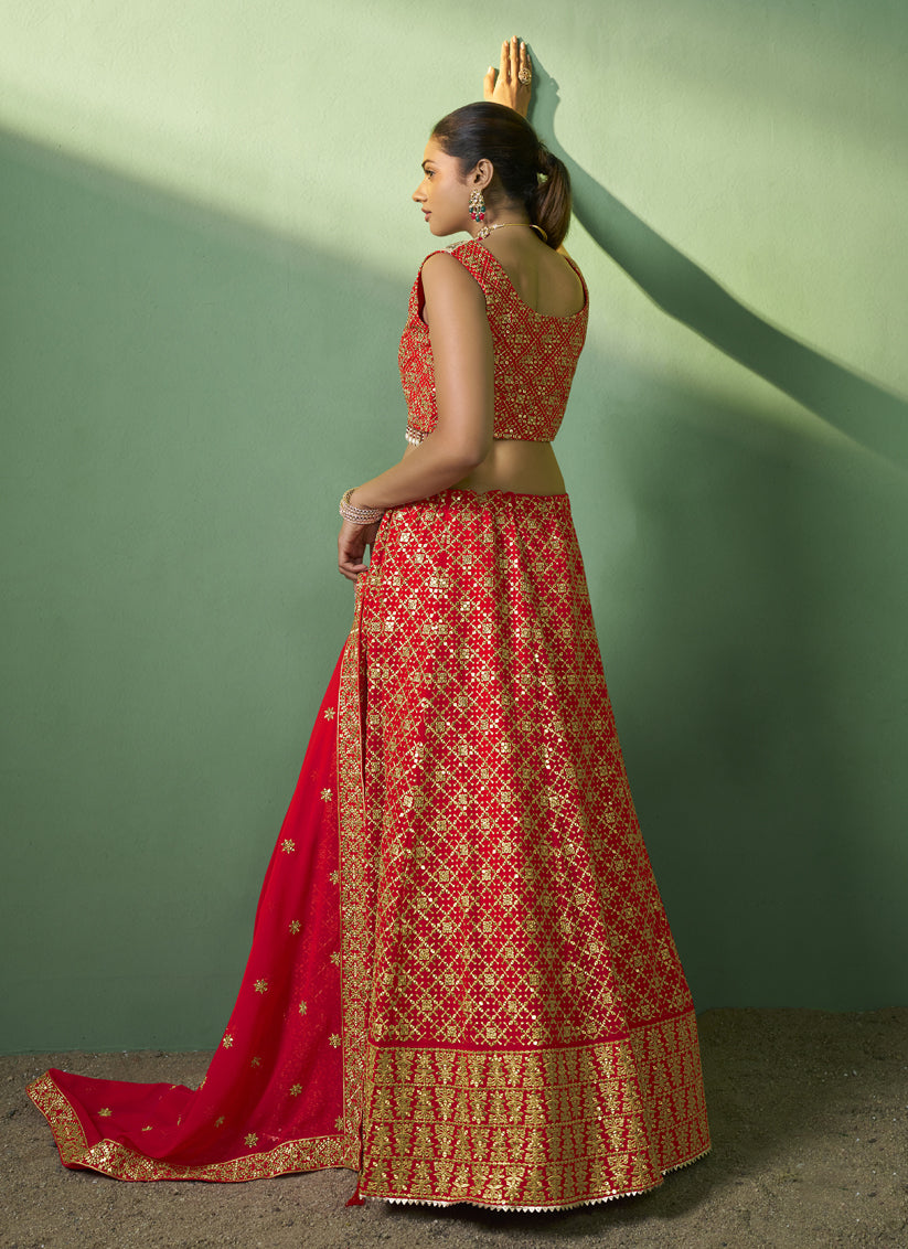 Red Georgette Embroidered Lehenga Choli