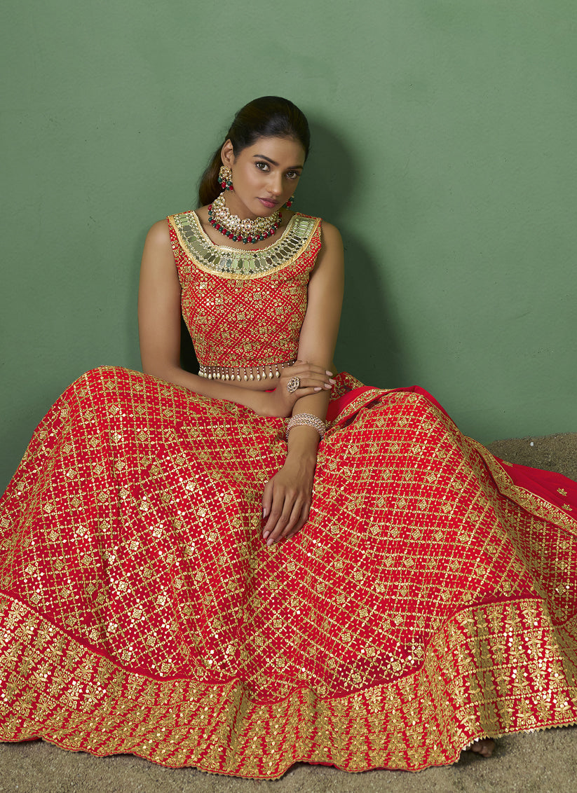 Red Georgette Embroidered Lehenga Choli