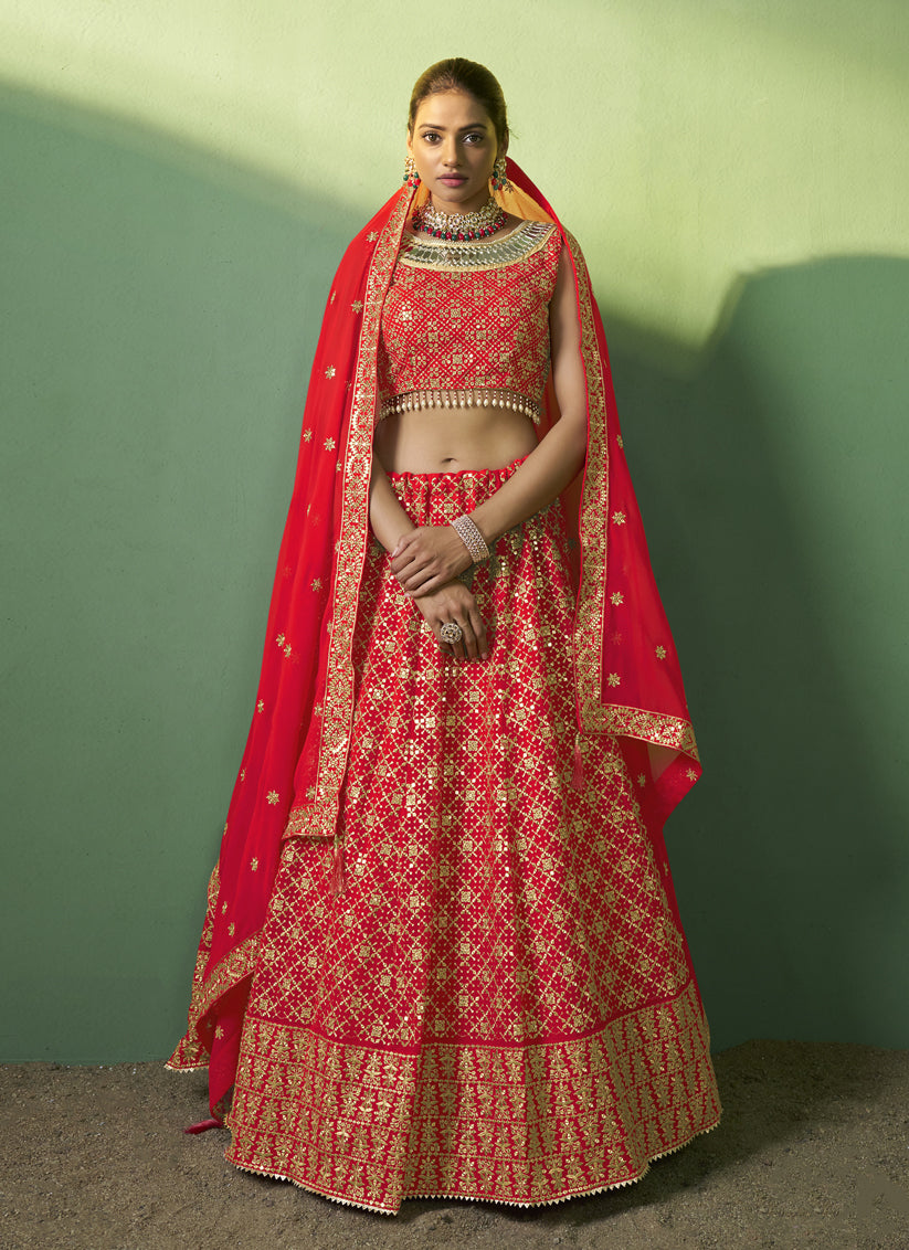 Red Georgette Embroidered Lehenga Choli