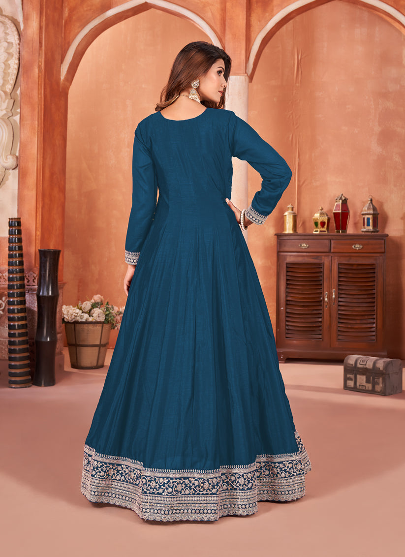 Prussian Blue Art Silk Embroidered Anarkali Suit