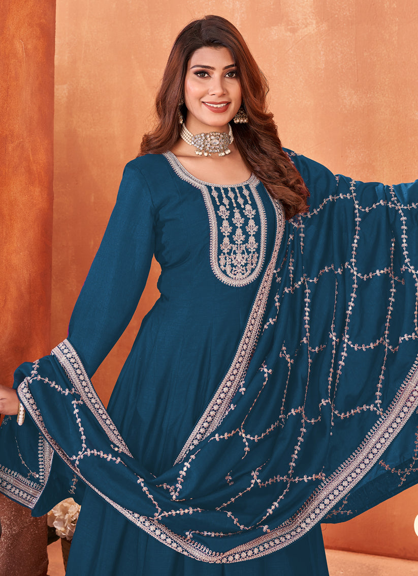 Prussian Blue Art Silk Embroidered Anarkali Suit