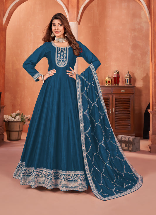 Prussian Blue Art Silk Embroidered Anarkali Suit