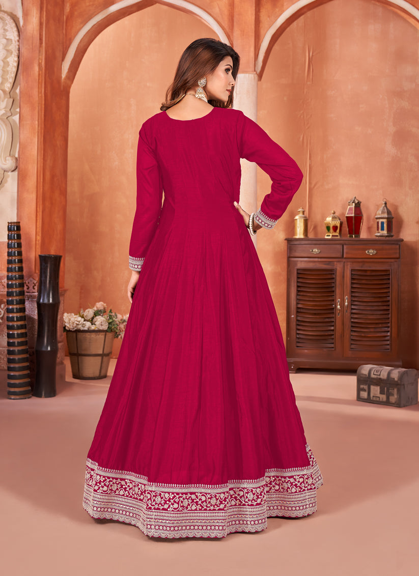 Raspberry Pink Art Silk Embroidered Anarkali Suit