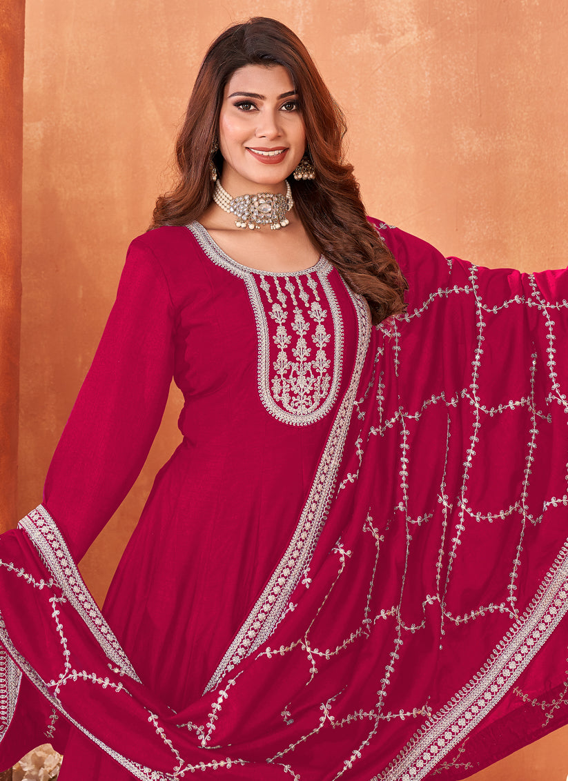 Raspberry Pink Art Silk Embroidered Anarkali Suit