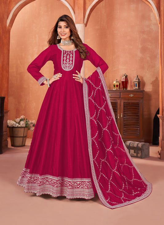 Raspberry Pink Art Silk Embroidered Anarkali Suit