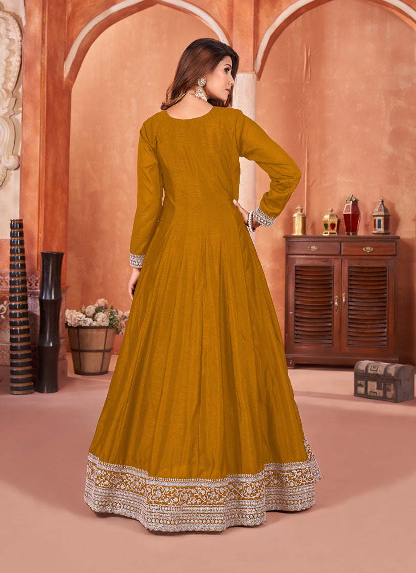 Mustard Art Silk Embroidered Anarkali Suit