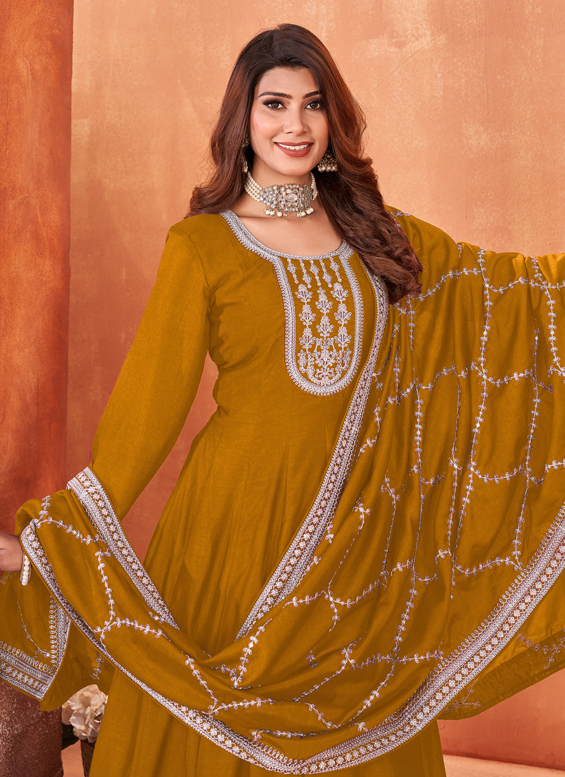 Mustard Art Silk Embroidered Anarkali Suit