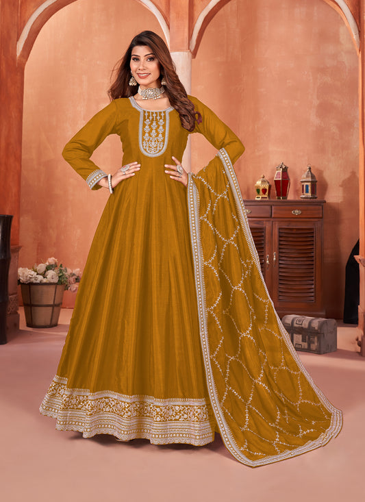 Mustard Art Silk Embroidered Anarkali Suit