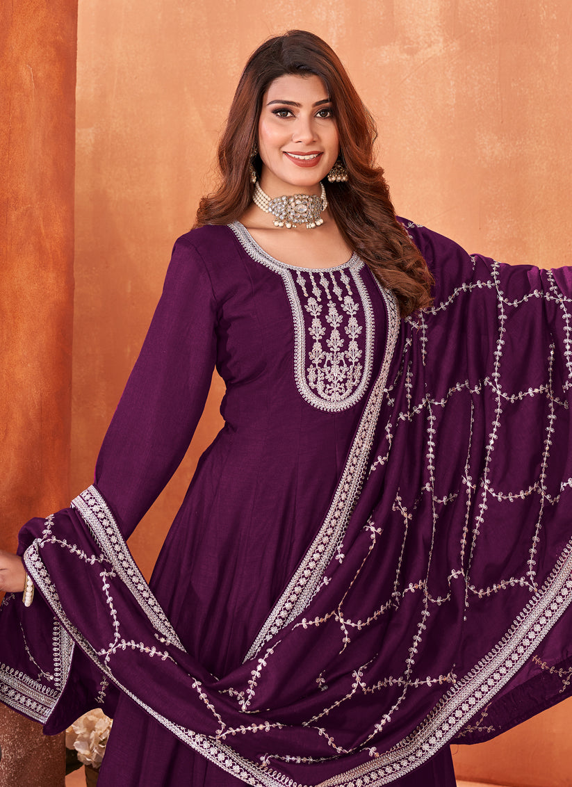 Magenta Art Silk Embroidered Anarkali Suit