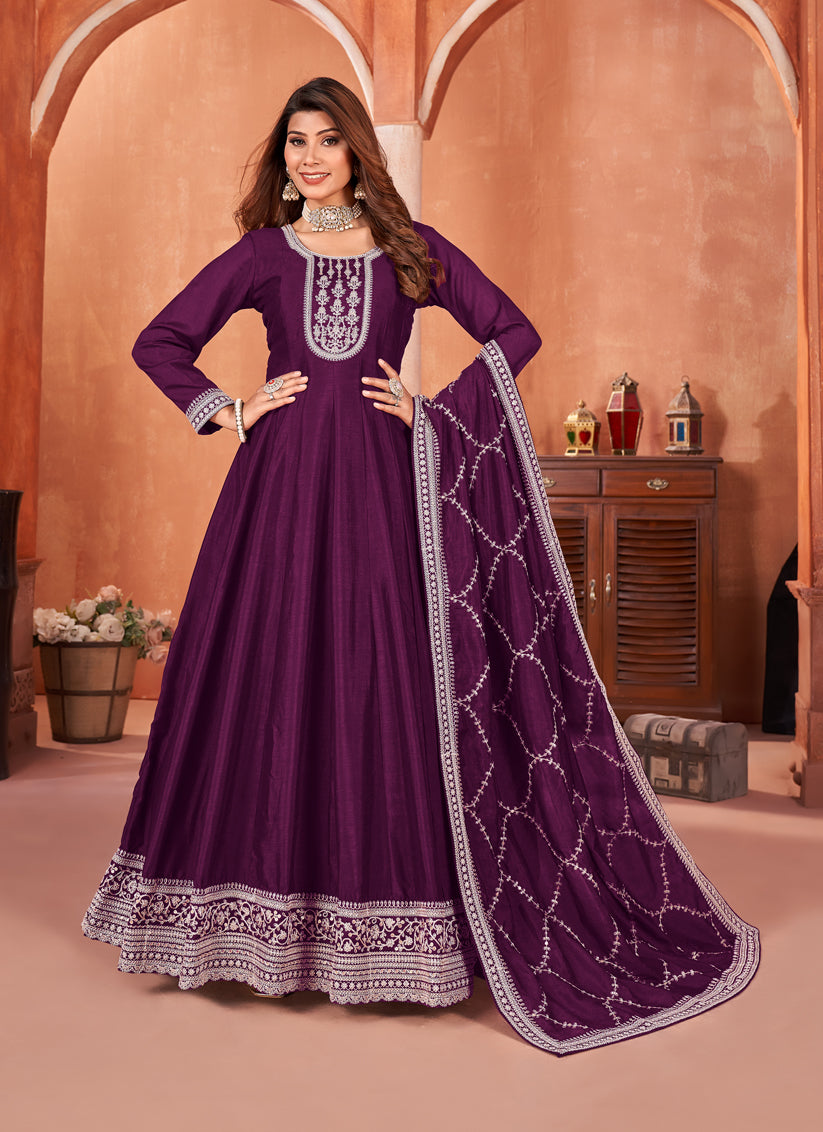 Magenta Art Silk Embroidered Anarkali Suit