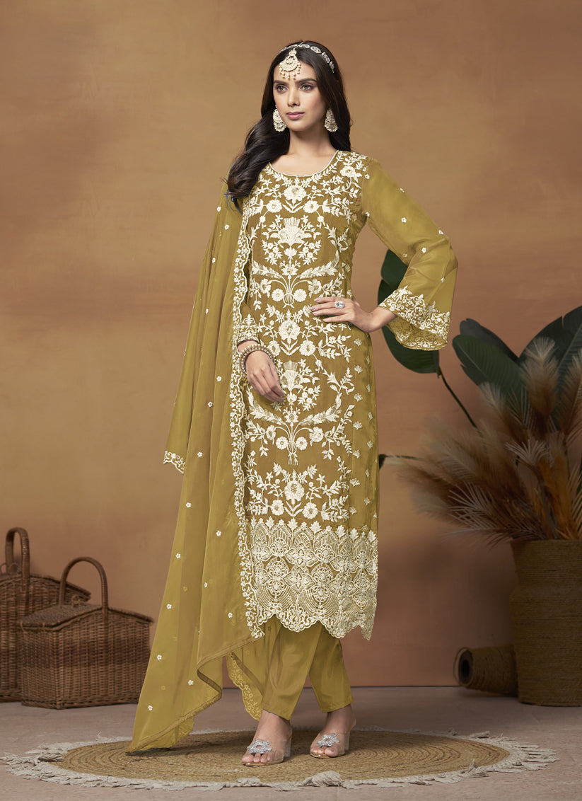 Mehendi Organza Embroidered Plus Size Suit