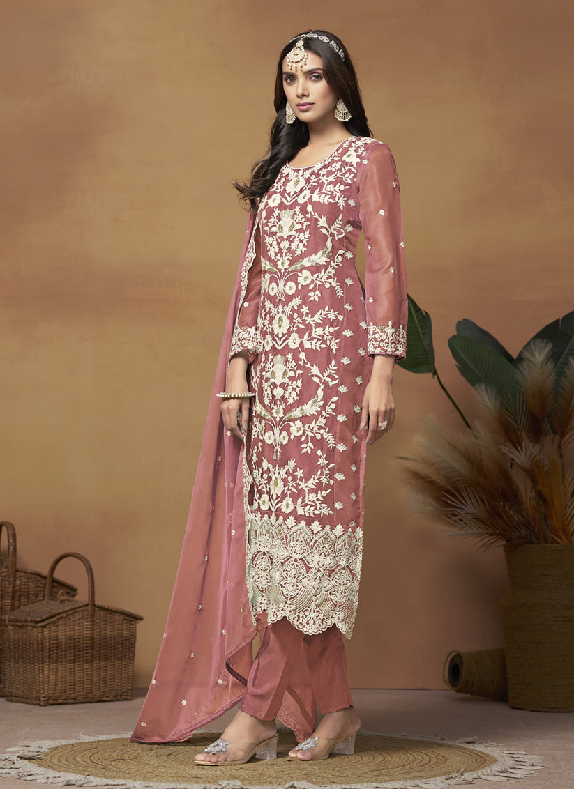 Salmon Pink Organza Embroidered Plus Size Suit