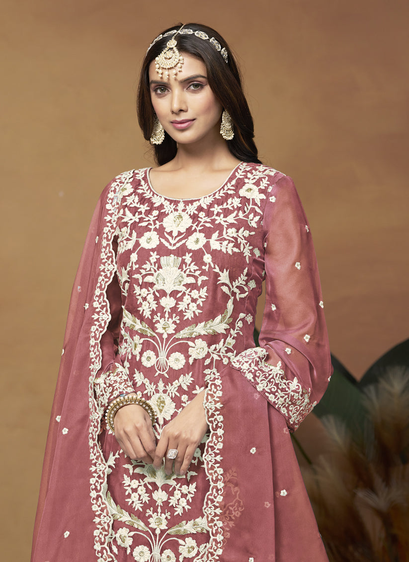 Salmon Pink Organza Embroidered Plus Size Suit