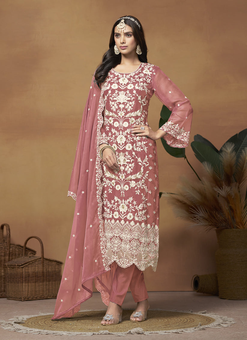 Salmon Pink Organza Embroidered Plus Size Suit