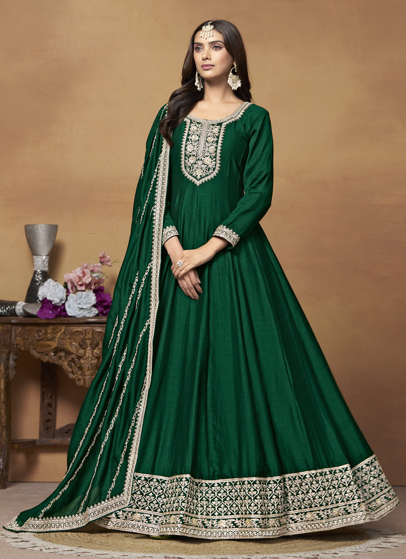 Green Art Silk Embroidered Designer Anarkali Suit