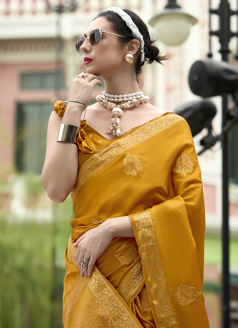 Mustard Pure Satin Handloom Weaving Saree For Festival