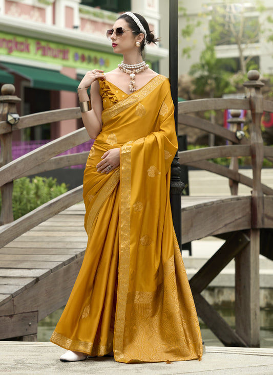 Mustard Pure Satin Handloom Weaving Saree For Festival