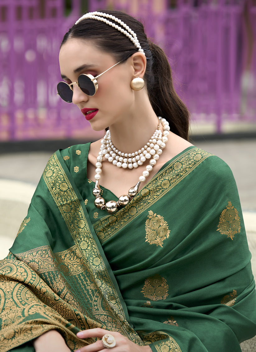 Emerald Green Pure Satin Handloom Weaving Saree For Festival