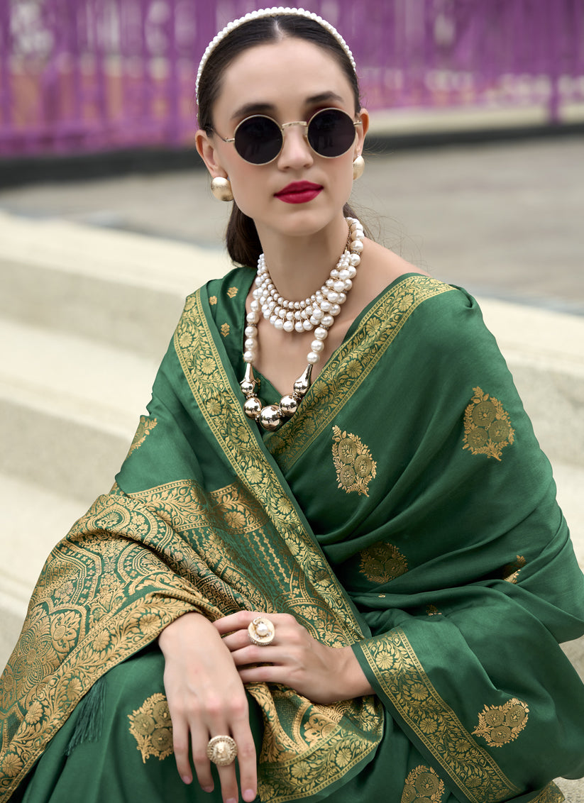 Emerald Green Pure Satin Handloom Weaving Saree For Festival