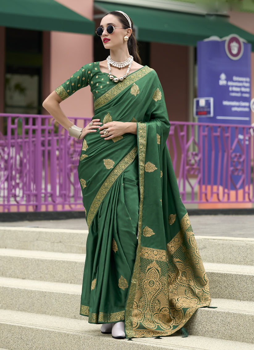 Emerald Green Pure Satin Handloom Weaving Saree For Festival