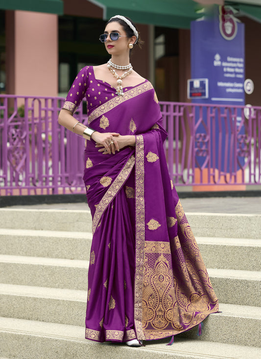 Magenta Pure Satin Handloom Weaving Saree For Festival