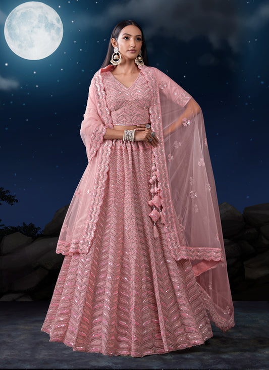 Blush Pink Net Heavy Sequins Embroidered Lehenga Choli Set