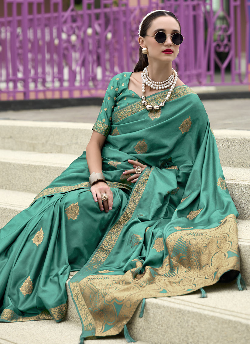 Rama Green Pure Satin Handloom Weaving Saree For Festival