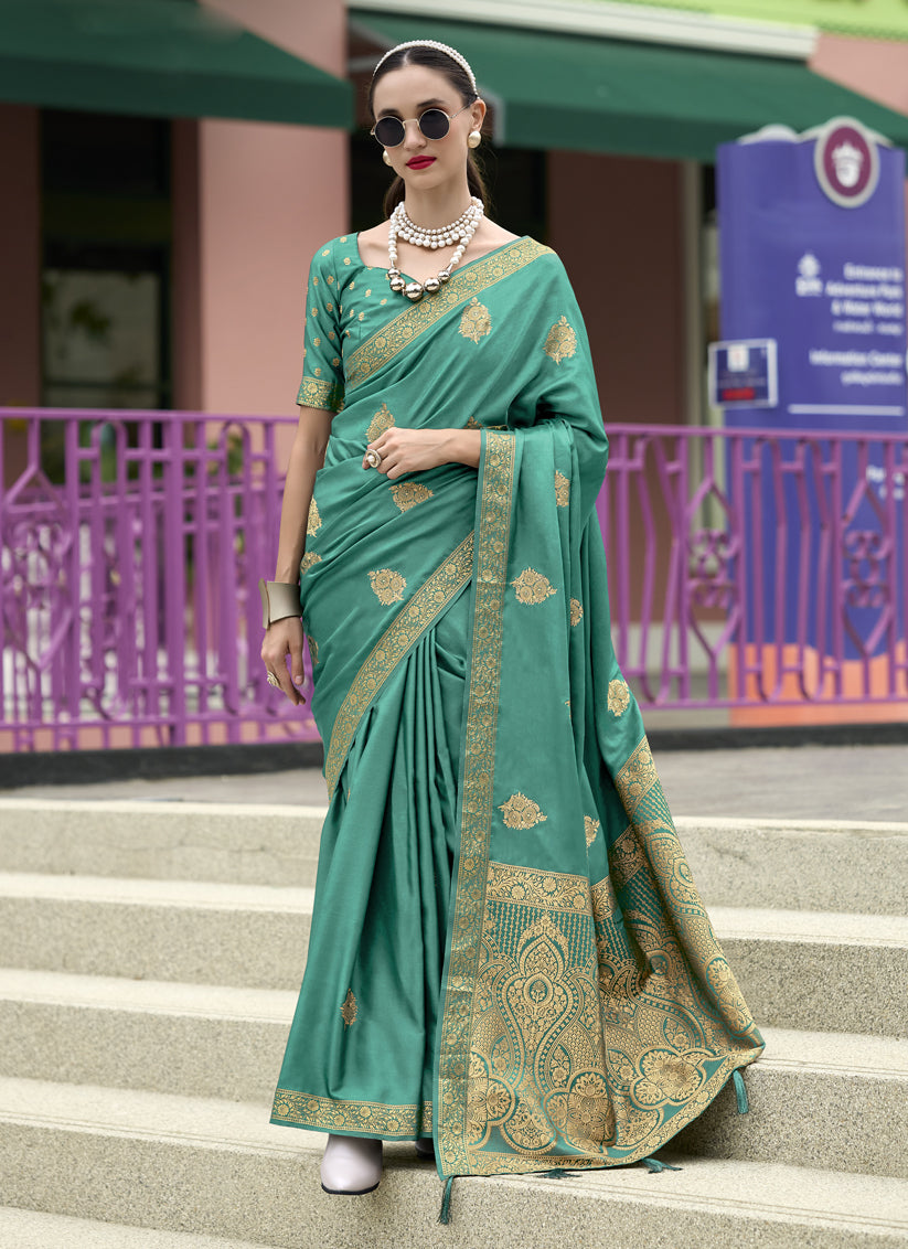 Rama Green Pure Satin Handloom Weaving Saree For Festival