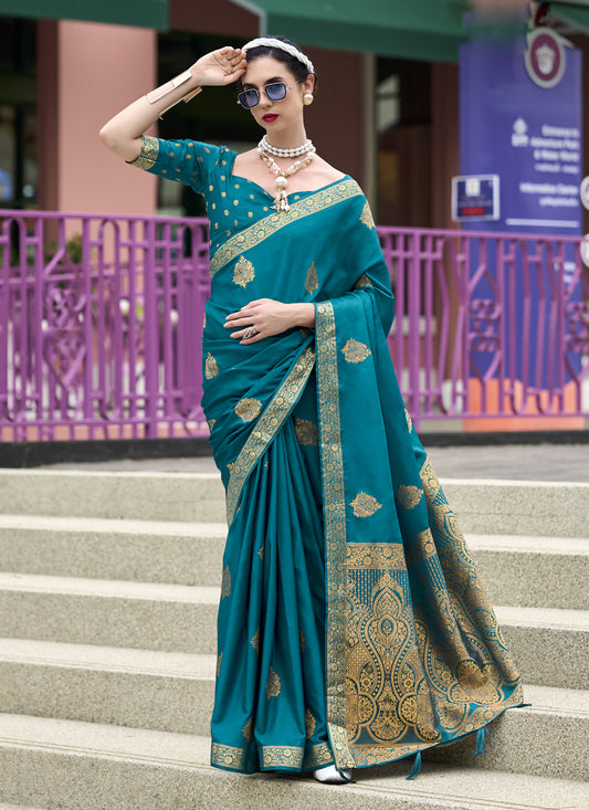 Peacock Blue Pure Satin Handloom Weaving Saree For Festival